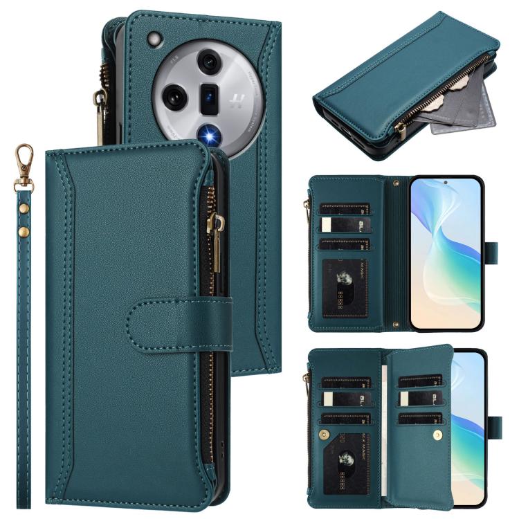 Magnetic Closure 9 Card Slots Zipper Leather Case with Hand Strap, For OPPO Find X7, For OPPO Find X7 Ultra, For OPPO A38 4G / A18 4G Global, For OPPO A58 4G Global, For OPPO A78 4G Global, For OPPO A98 5G / F23 5G India, For OPPO Find X8 Pro 5G Global...