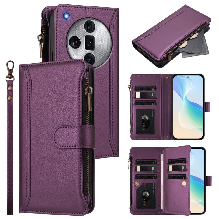 Magnetic Closure 9 Card Slots Zipper Leather Case with Hand Strap, For OPPO Find X7, For OPPO Find X7 Ultra, For OPPO A38 4G / A18 4G Global, For OPPO A58 4G Global, For OPPO A78 4G Global, For OPPO A98 5G / F23 5G India, For OPPO Find X8 Pro 5G Global...