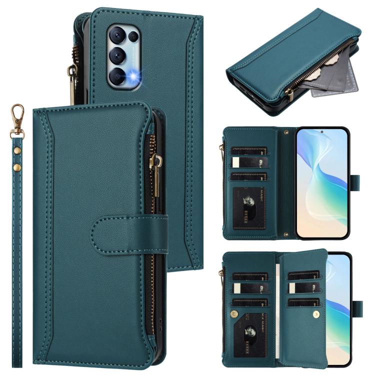 Magnetic Closure 9 Card Slots Zipper Leather Case with Hand Strap, For OPPO Reno9 5G / 9 Pro 5G, For OPPO Reno8 Pro+ 5G, For OPPO Reno8 Pro 5G, For OPPO Reno8 5G Global, For OPPO Reno7 5G Global / Find X5 Lite, For OPPO Reno5 5G / Find X3 Lite