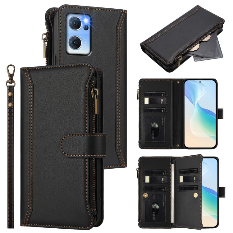 Magnetic Closure 9 Card Slots Zipper Leather Case with Hand Strap, For OPPO Reno9 5G / 9 Pro 5G, For OPPO Reno8 Pro+ 5G, For OPPO Reno8 Pro 5G, For OPPO Reno8 5G Global, For OPPO Reno7 5G Global / Find X5 Lite, For OPPO Reno5 5G / Find X3 Lite