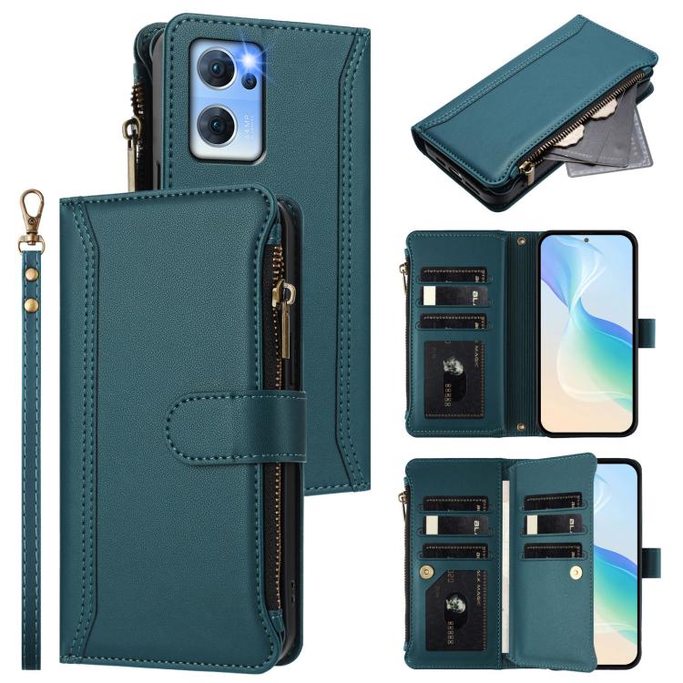 Magnetic Closure 9 Card Slots Zipper Leather Case with Hand Strap, For OPPO Reno9 5G / 9 Pro 5G, For OPPO Reno8 Pro+ 5G, For OPPO Reno8 Pro 5G, For OPPO Reno8 5G Global, For OPPO Reno7 5G Global / Find X5 Lite, For OPPO Reno5 5G / Find X3 Lite