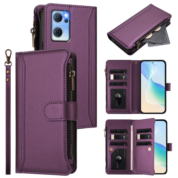 Magnetic Closure 9 Card Slots Zipper Leather Case with Hand Strap, For OPPO Reno9 5G / 9 Pro 5G, For OPPO Reno8 Pro+ 5G, For OPPO Reno8 Pro 5G, For OPPO Reno8 5G Global, For OPPO Reno7 5G Global / Find X5 Lite, For OPPO Reno5 5G / Find X3 Lite