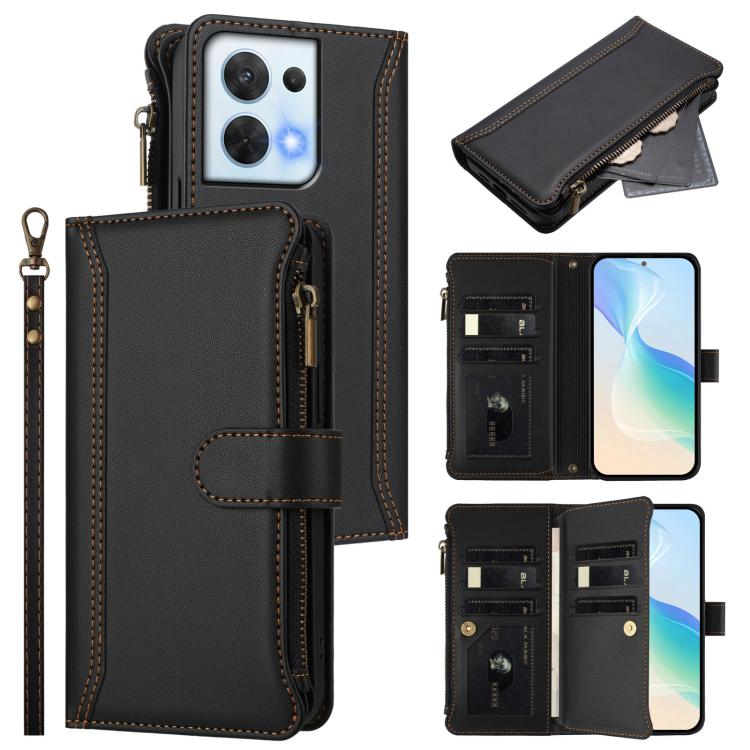 Magnetic Closure 9 Card Slots Zipper Leather Case with Hand Strap, For OPPO Reno9 5G / 9 Pro 5G, For OPPO Reno8 Pro+ 5G, For OPPO Reno8 Pro 5G, For OPPO Reno8 5G Global, For OPPO Reno7 5G Global / Find X5 Lite, For OPPO Reno5 5G / Find X3 Lite