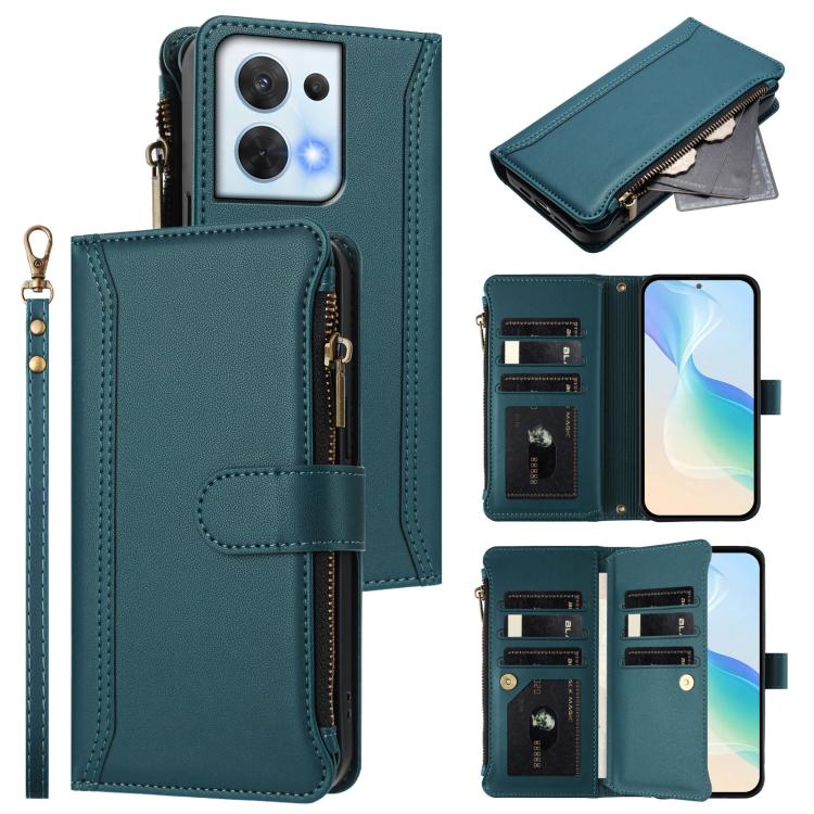 Magnetic Closure 9 Card Slots Zipper Leather Case with Hand Strap, For OPPO Reno9 5G / 9 Pro 5G, For OPPO Reno8 Pro+ 5G, For OPPO Reno8 Pro 5G, For OPPO Reno8 5G Global, For OPPO Reno7 5G Global / Find X5 Lite, For OPPO Reno5 5G / Find X3 Lite