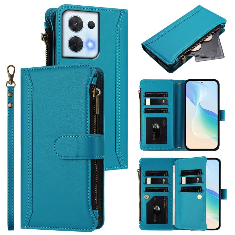 Magnetic Closure 9 Card Slots Zipper Leather Case with Hand Strap, For OPPO Reno9 5G / 9 Pro 5G, For OPPO Reno8 Pro+ 5G, For OPPO Reno8 Pro 5G, For OPPO Reno8 5G Global, For OPPO Reno7 5G Global / Find X5 Lite, For OPPO Reno5 5G / Find X3 Lite