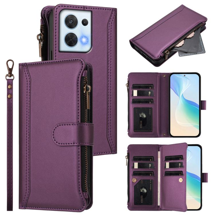 Magnetic Closure 9 Card Slots Zipper Leather Case with Hand Strap, For OPPO Reno9 5G / 9 Pro 5G, For OPPO Reno8 Pro+ 5G, For OPPO Reno8 Pro 5G, For OPPO Reno8 5G Global, For OPPO Reno7 5G Global / Find X5 Lite, For OPPO Reno5 5G / Find X3 Lite