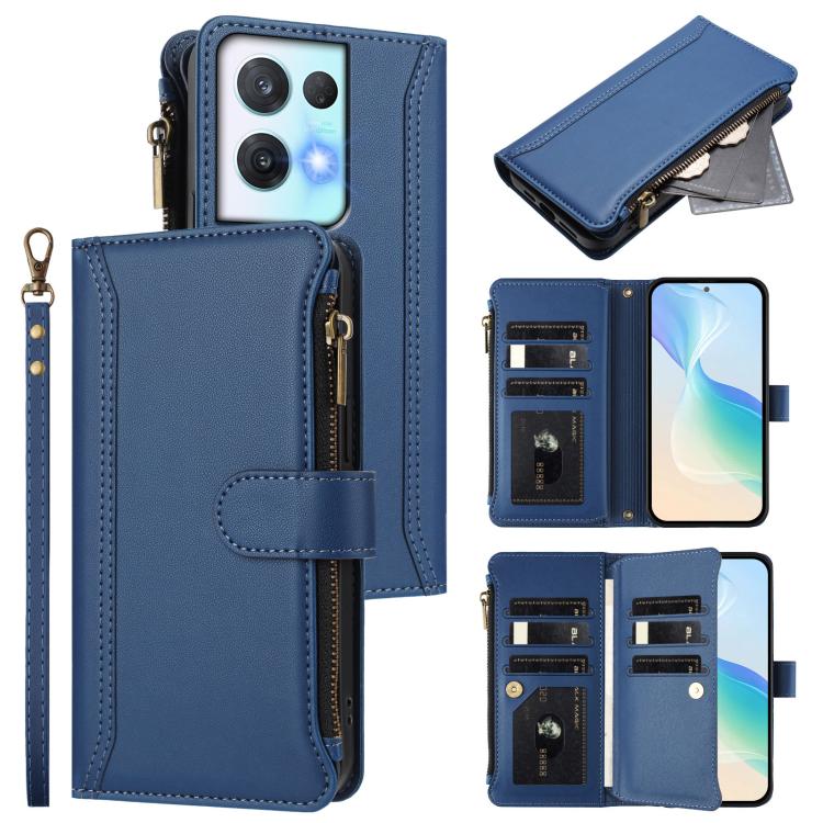 Magnetic Closure 9 Card Slots Zipper Leather Case with Hand Strap, For OPPO Reno9 5G / 9 Pro 5G, For OPPO Reno8 Pro+ 5G, For OPPO Reno8 Pro 5G, For OPPO Reno8 5G Global, For OPPO Reno7 5G Global / Find X5 Lite, For OPPO Reno5 5G / Find X3 Lite