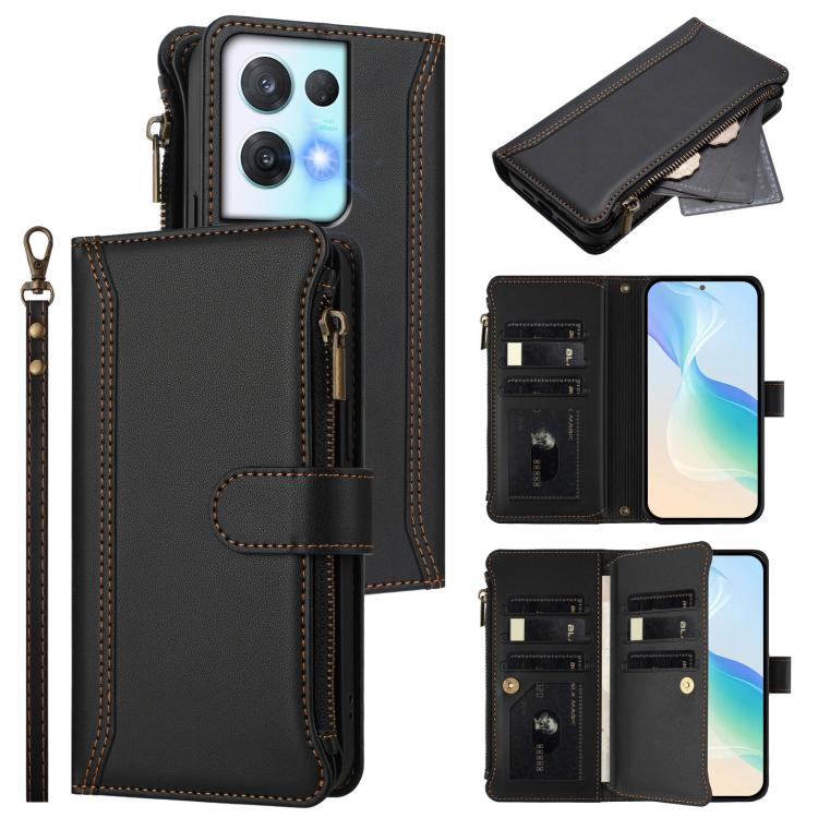 Magnetic Closure 9 Card Slots Zipper Leather Case with Hand Strap, For OPPO Reno9 5G / 9 Pro 5G, For OPPO Reno8 Pro+ 5G, For OPPO Reno8 Pro 5G, For OPPO Reno8 5G Global, For OPPO Reno7 5G Global / Find X5 Lite, For OPPO Reno5 5G / Find X3 Lite