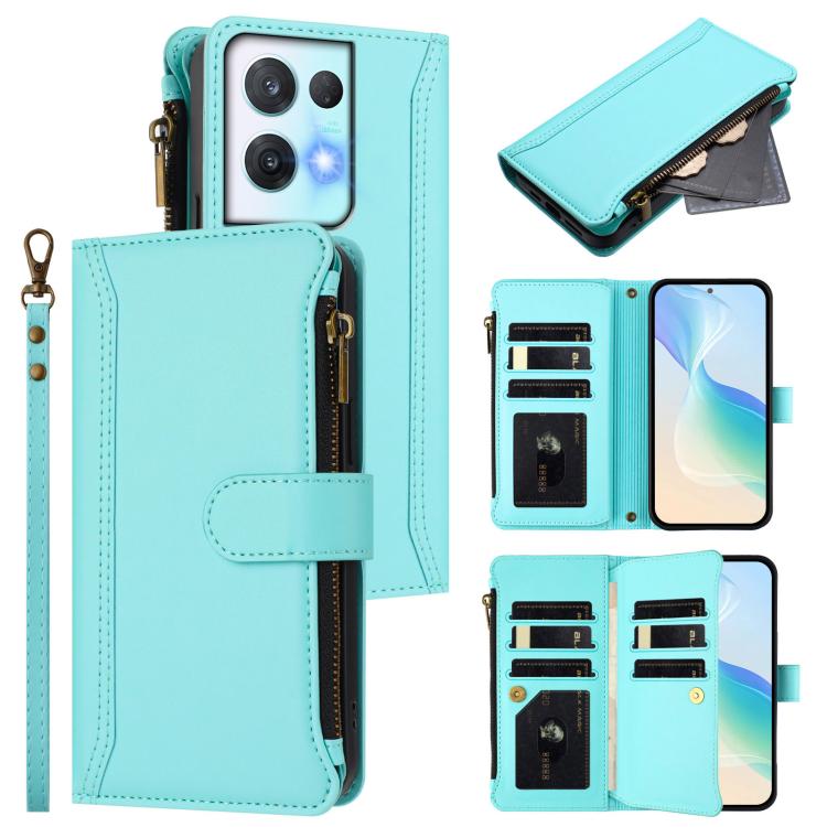 Magnetic Closure 9 Card Slots Zipper Leather Case with Hand Strap, For OPPO Reno9 5G / 9 Pro 5G, For OPPO Reno8 Pro+ 5G, For OPPO Reno8 Pro 5G, For OPPO Reno8 5G Global, For OPPO Reno7 5G Global / Find X5 Lite, For OPPO Reno5 5G / Find X3 Lite
