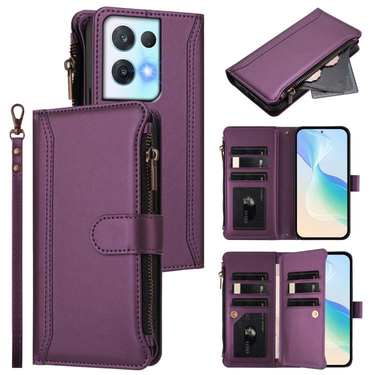 Magnetic Closure 9 Card Slots Zipper Leather Case with Hand Strap, For OPPO Reno9 5G / 9 Pro 5G, For OPPO Reno8 Pro+ 5G, For OPPO Reno8 Pro 5G, For OPPO Reno8 5G Global, For OPPO Reno7 5G Global / Find X5 Lite, For OPPO Reno5 5G / Find X3 Lite