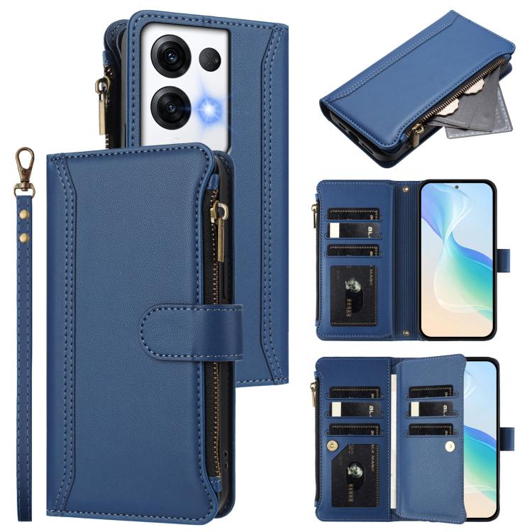 Magnetic Closure 9 Card Slots Zipper Leather Case with Hand Strap, For OPPO Reno9 5G / 9 Pro 5G, For OPPO Reno8 Pro+ 5G, For OPPO Reno8 Pro 5G, For OPPO Reno8 5G Global, For OPPO Reno7 5G Global / Find X5 Lite, For OPPO Reno5 5G / Find X3 Lite
