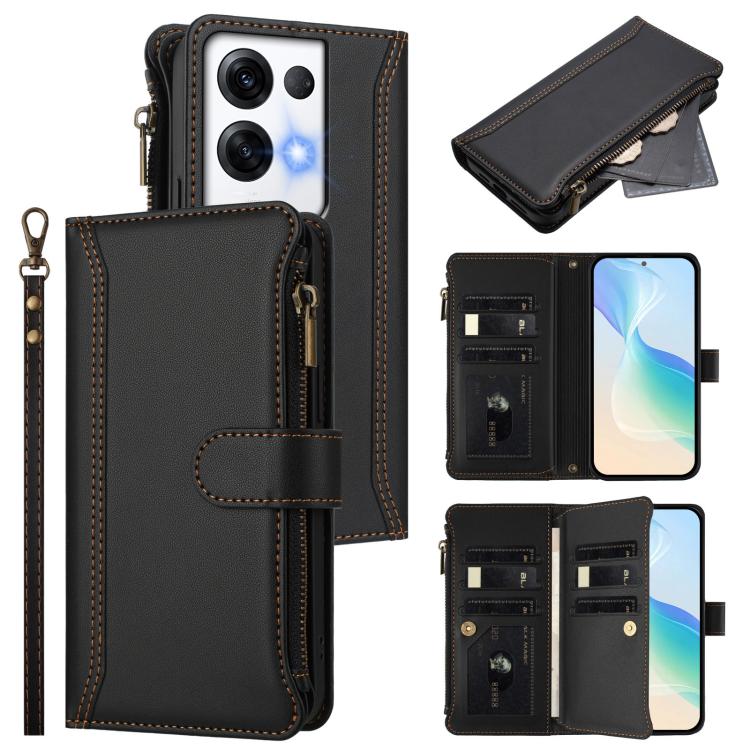 Magnetic Closure 9 Card Slots Zipper Leather Case with Hand Strap, For OPPO Reno9 5G / 9 Pro 5G, For OPPO Reno8 Pro+ 5G, For OPPO Reno8 Pro 5G, For OPPO Reno8 5G Global, For OPPO Reno7 5G Global / Find X5 Lite, For OPPO Reno5 5G / Find X3 Lite