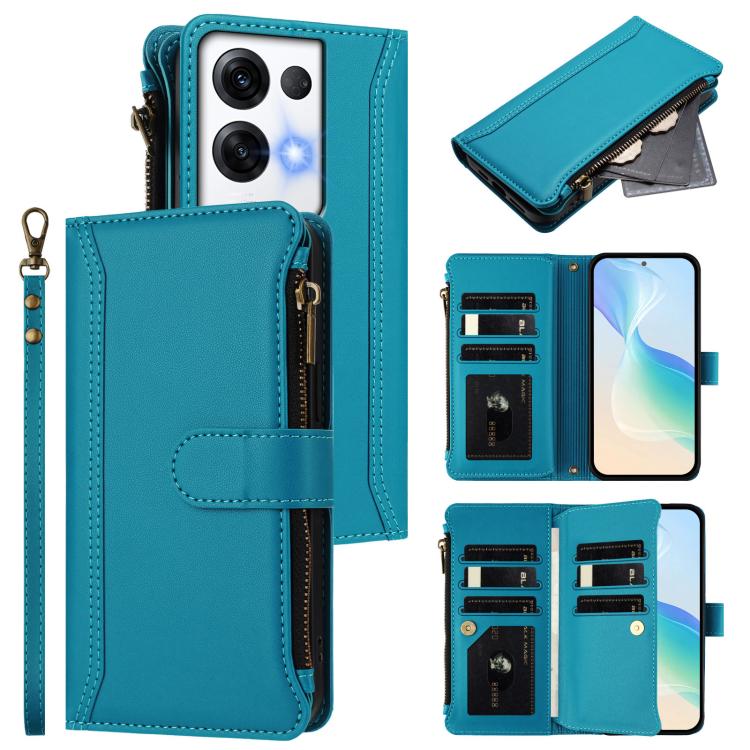 Magnetic Closure 9 Card Slots Zipper Leather Case with Hand Strap, For OPPO Reno9 5G / 9 Pro 5G, For OPPO Reno8 Pro+ 5G, For OPPO Reno8 Pro 5G, For OPPO Reno8 5G Global, For OPPO Reno7 5G Global / Find X5 Lite, For OPPO Reno5 5G / Find X3 Lite