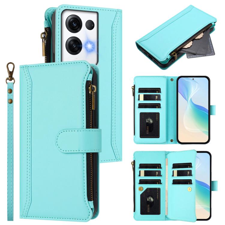 Magnetic Closure 9 Card Slots Zipper Leather Case with Hand Strap, For OPPO Reno9 5G / 9 Pro 5G, For OPPO Reno8 Pro+ 5G, For OPPO Reno8 Pro 5G, For OPPO Reno8 5G Global, For OPPO Reno7 5G Global / Find X5 Lite, For OPPO Reno5 5G / Find X3 Lite