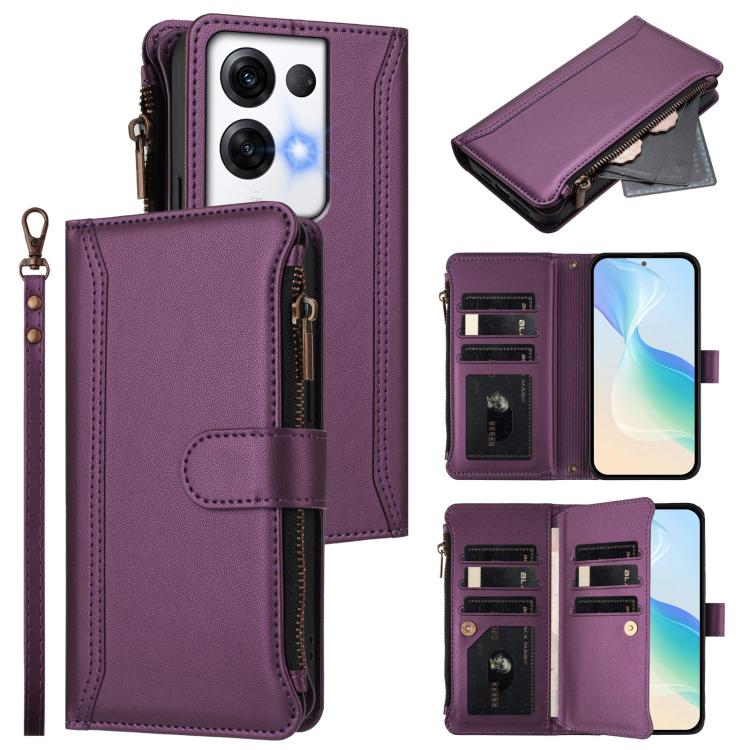 Magnetic Closure 9 Card Slots Zipper Leather Case with Hand Strap, For OPPO Reno9 5G / 9 Pro 5G, For OPPO Reno8 Pro+ 5G, For OPPO Reno8 Pro 5G, For OPPO Reno8 5G Global, For OPPO Reno7 5G Global / Find X5 Lite, For OPPO Reno5 5G / Find X3 Lite