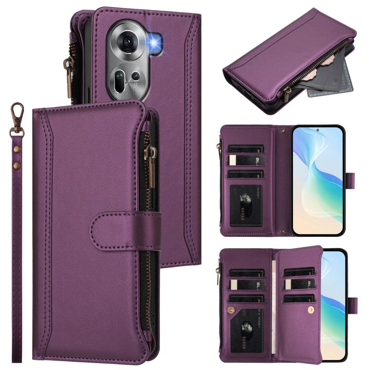 Magnetic Closure 9 Card Slots Zipper Leather Case with Hand Strap, For OPPO Reno12 5G Global, For OPPO Reno11 F 5G Global, For OPPO Reno11 5G Global, For OPPO Reno11 Pro 5G Global, For OPPO Reno9 A, For OPPO Reno10 Global / Reno10 Pro Global           ...
