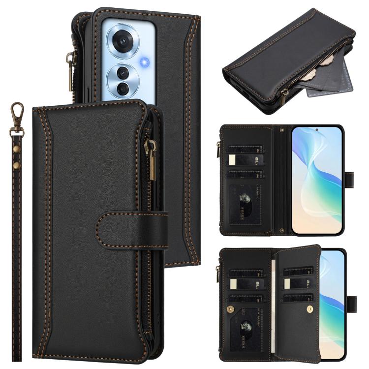 Magnetic Closure 9 Card Slots Zipper Leather Case with Hand Strap, For OPPO Reno12 5G Global, For OPPO Reno11 F 5G Global, For OPPO Reno11 5G Global, For OPPO Reno11 Pro 5G Global, For OPPO Reno9 A, For OPPO Reno10 Global / Reno10 Pro Global           ...