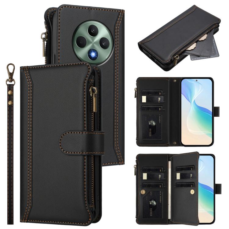 Magnetic Closure 9 Card Slots Zipper Leather Case with Hand Strap, For OPPO A5 5G / A3 Pro 5G Global, For OPPO Reno14 Pro 5G Global, For OPPO Reno14 5G Global, For OPPO Reno13 Pro 5G Global, For OPPO Reno13 5G Global, For OPPO Reno13 F 5G Global       ...