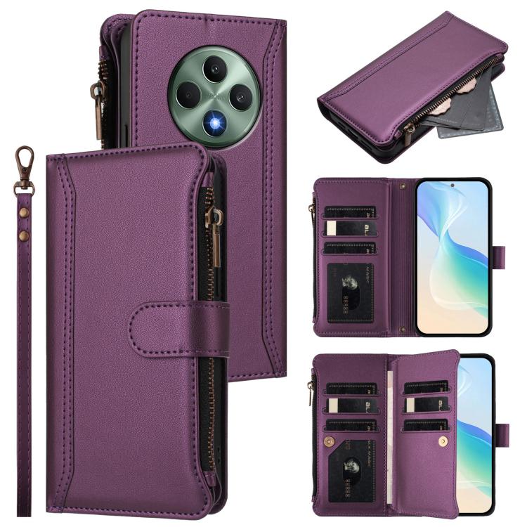 Magnetic Closure 9 Card Slots Zipper Leather Case with Hand Strap, For OPPO A5 5G / A3 Pro 5G Global, For OPPO Reno14 Pro 5G Global, For OPPO Reno14 5G Global, For OPPO Reno13 Pro 5G Global, For OPPO Reno13 5G Global, For OPPO Reno13 F 5G Global       ...