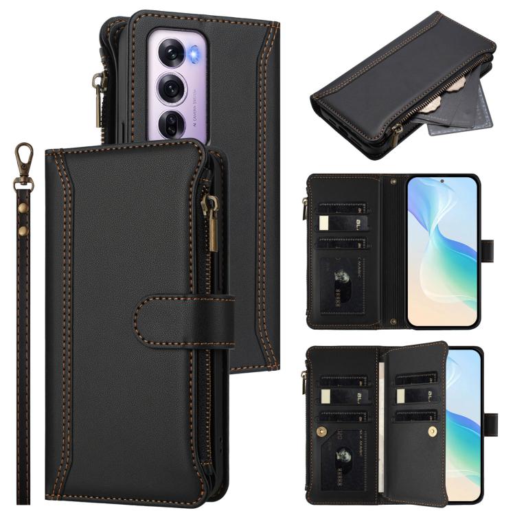 Magnetic Closure 9 Card Slots Zipper Leather Case with Hand Strap, For OPPO A5 5G / A3 Pro 5G Global, For OPPO Reno14 Pro 5G Global, For OPPO Reno14 5G Global, For OPPO Reno13 Pro 5G Global, For OPPO Reno13 5G Global, For OPPO Reno13 F 5G Global       ...