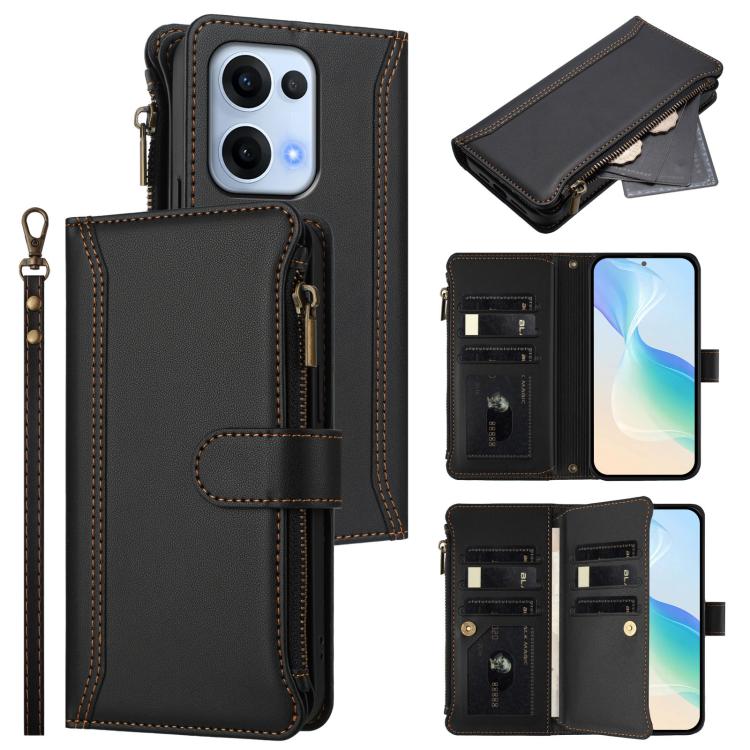 Magnetic Closure 9 Card Slots Zipper Leather Case with Hand Strap, For OPPO A5 5G / A3 Pro 5G Global, For OPPO Reno14 Pro 5G Global, For OPPO Reno14 5G Global, For OPPO Reno13 Pro 5G Global, For OPPO Reno13 5G Global, For OPPO Reno13 F 5G Global       ...