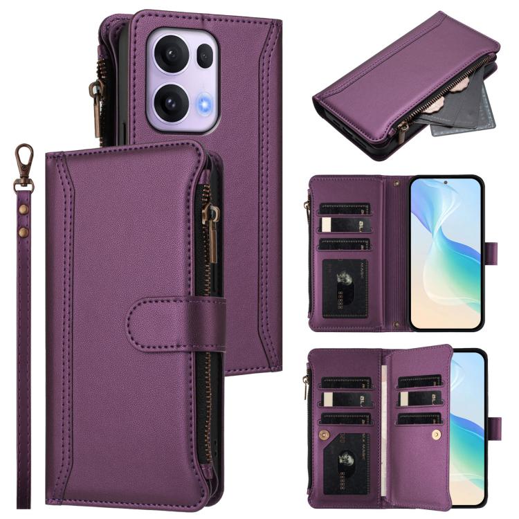 Magnetic Closure 9 Card Slots Zipper Leather Case with Hand Strap, For OPPO A5 5G / A3 Pro 5G Global, For OPPO Reno14 Pro 5G Global, For OPPO Reno14 5G Global, For OPPO Reno13 Pro 5G Global, For OPPO Reno13 5G Global, For OPPO Reno13 F 5G Global       ...