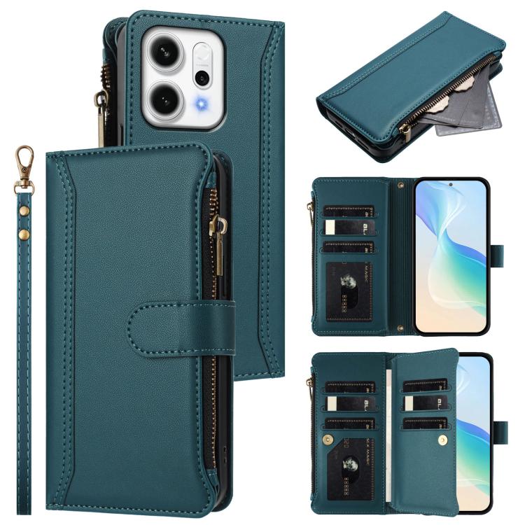 Magnetic Closure 9 Card Slots Zipper Leather Case with Hand Strap, For OPPO A5 5G / A3 Pro 5G Global, For OPPO Reno14 Pro 5G Global, For OPPO Reno14 5G Global, For OPPO Reno13 Pro 5G Global, For OPPO Reno13 5G Global, For OPPO Reno13 F 5G Global       ...