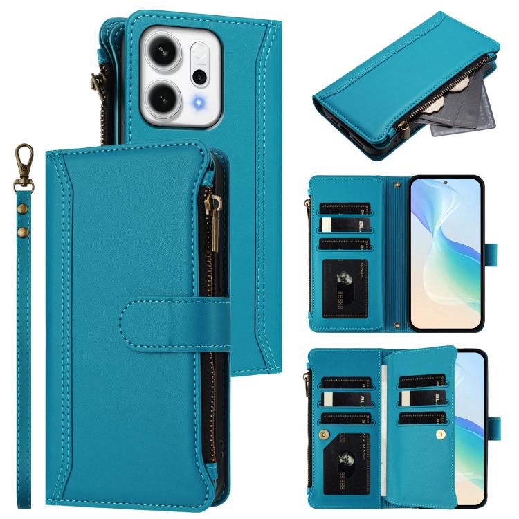Magnetic Closure 9 Card Slots Zipper Leather Case with Hand Strap, For OPPO A5 5G / A3 Pro 5G Global, For OPPO Reno14 Pro 5G Global, For OPPO Reno14 5G Global, For OPPO Reno13 Pro 5G Global, For OPPO Reno13 5G Global, For OPPO Reno13 F 5G Global       ...