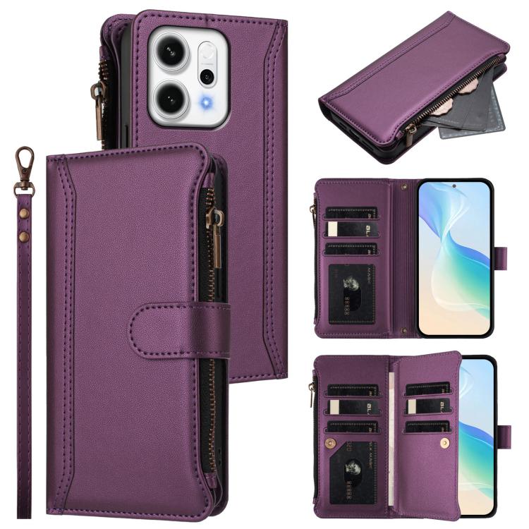 Magnetic Closure 9 Card Slots Zipper Leather Case with Hand Strap, For OPPO A5 5G / A3 Pro 5G Global, For OPPO Reno14 Pro 5G Global, For OPPO Reno14 5G Global, For OPPO Reno13 Pro 5G Global, For OPPO Reno13 5G Global, For OPPO Reno13 F 5G Global       ...