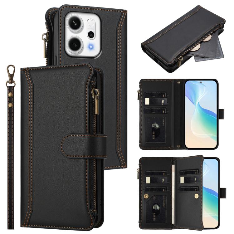 Magnetic Closure 9 Card Slots Zipper Leather Case with Hand Strap, For OPPO A5 5G / A3 Pro 5G Global, For OPPO Reno14 Pro 5G Global, For OPPO Reno14 5G Global, For OPPO Reno13 Pro 5G Global, For OPPO Reno13 5G Global, For OPPO Reno13 F 5G Global       ...