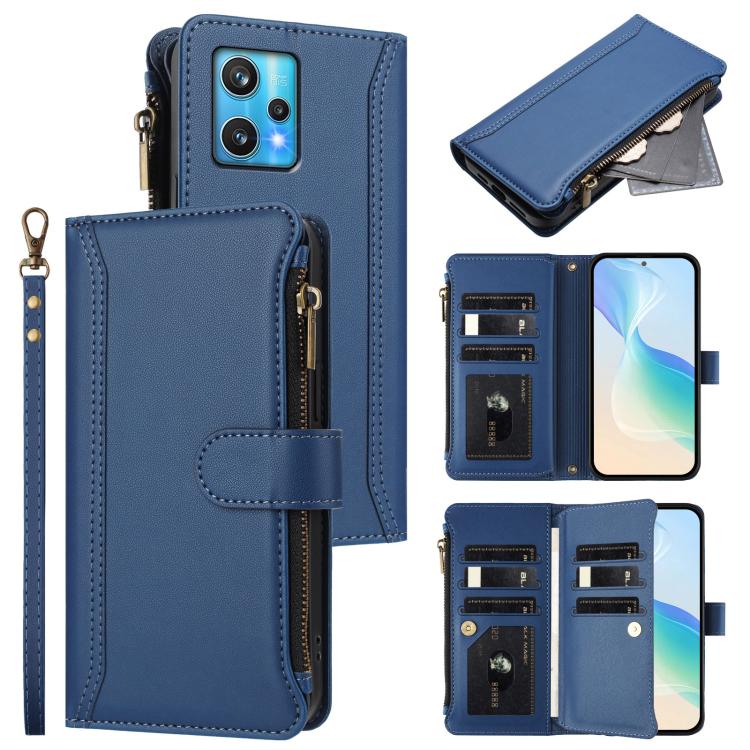 Magnetic Closure 9 Card Slots Zipper Leather Case with Hand Strap, For Realme C30 4G / Narzo 50i Prime / C30S, For Realme GT NEO 3T, For Realme 9 Pro+ 5G / Narzo 50 Pro, For Realme GT Neo3, For Realme V13 5G / Q3 5G / Q3i 5G, For Realme 9 Pro 5G Global...