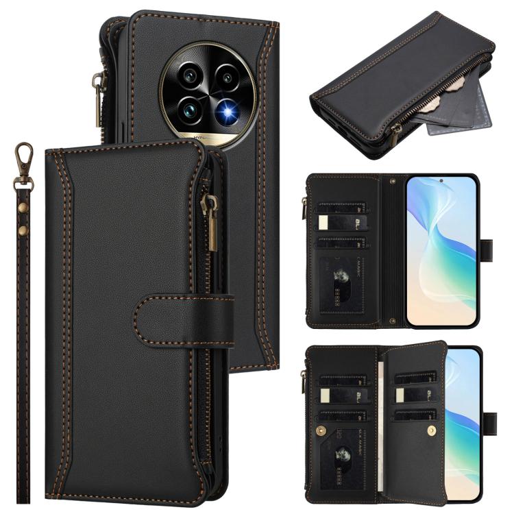 Magnetic Closure 9 Card Slots Zipper Leather Case with Hand Strap, For Realme GT7 Pro 5G / GT7 Pro Racing, For Realme C63 5G Global, For Realme 12 5G Global / 12X 5G Global, For Realme C63 4G Global / Narzo N63 4G                                       ...