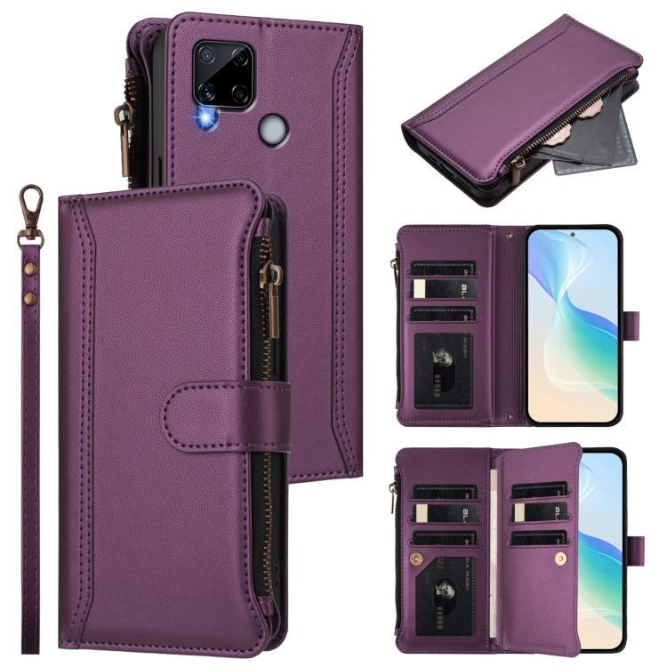 Magnetic Closure 9 Card Slots Zipper Leather Case with Hand Strap, For Realme C21Y, For Realme C25 / C15 / C12 / C25S, For Realme 8 / 8 Pro, For Realme GT 5G / GT NEO 5G, For Realme V11 5G, For Realme C17 / 7i