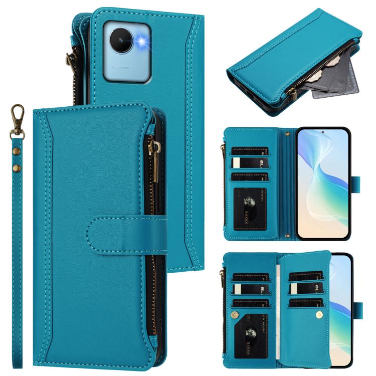 Magnetic Closure 9 Card Slots Zipper Leather Case with Hand Strap, For Realme C30 4G / Narzo 50i Prime / C30S, For Realme GT NEO 3T, For Realme 9 Pro+ 5G / Narzo 50 Pro, For Realme GT Neo3, For Realme V13 5G / Q3 5G / Q3i 5G, For Realme 9 Pro 5G Global...