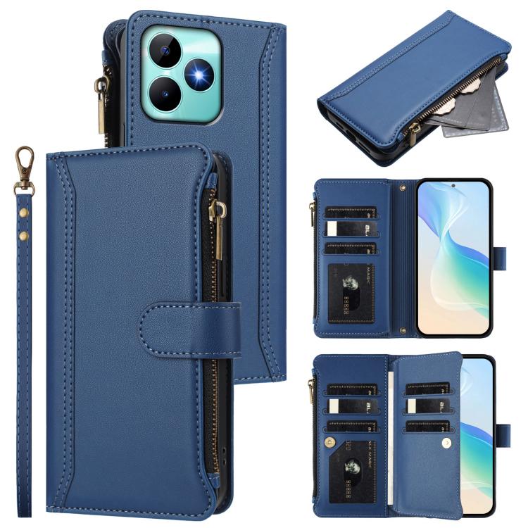 Magnetic Closure 9 Card Slots Zipper Leather Case with Hand Strap, For Realme GT 6 5G Global / GT 6T 5G Global, For Realme C67 4G Global / 12 Lite 4G Global, For Realme 12 Pro 5G Global / P1 Pro 5G, For Realme C53 4G Global / C51 4G                    ...