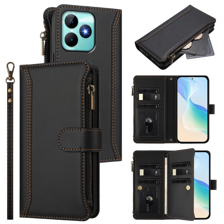 Magnetic Closure 9 Card Slots Zipper Leather Case with Hand Strap, For Realme GT 6 5G Global / GT 6T 5G Global, For Realme C67 4G Global / 12 Lite 4G Global, For Realme 12 Pro 5G Global / P1 Pro 5G, For Realme C53 4G Global / C51 4G                    ...