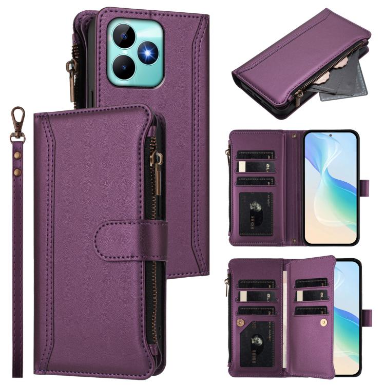 Magnetic Closure 9 Card Slots Zipper Leather Case with Hand Strap, For Realme GT 6 5G Global / GT 6T 5G Global, For Realme C67 4G Global / 12 Lite 4G Global, For Realme 12 Pro 5G Global / P1 Pro 5G, For Realme C53 4G Global / C51 4G                    ...
