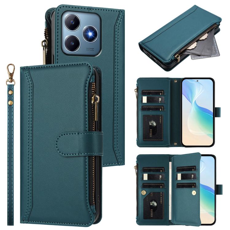 Magnetic Closure 9 Card Slots Zipper Leather Case with Hand Strap, For Realme GT7 Pro 5G / GT7 Pro Racing, For Realme C63 5G Global, For Realme 12 5G Global / 12X 5G Global, For Realme C63 4G Global / Narzo N63 4G                                       ...