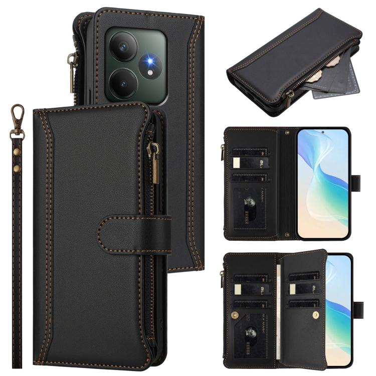 Magnetic Closure 9 Card Slots Zipper Leather Case with Hand Strap, For Realme GT 6 5G Global / GT 6T 5G Global, For Realme C67 4G Global / 12 Lite 4G Global, For Realme 12 Pro 5G Global / P1 Pro 5G, For Realme C53 4G Global / C51 4G                    ...