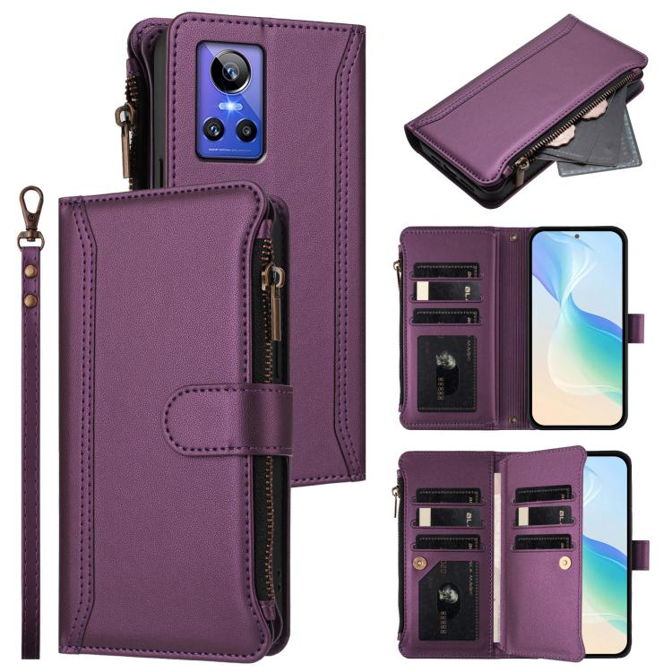 Magnetic Closure 9 Card Slots Zipper Leather Case with Hand Strap, For Realme C30 4G / Narzo 50i Prime / C30S, For Realme GT NEO 3T, For Realme 9 Pro+ 5G / Narzo 50 Pro, For Realme GT Neo3, For Realme V13 5G / Q3 5G / Q3i 5G, For Realme 9 Pro 5G Global...