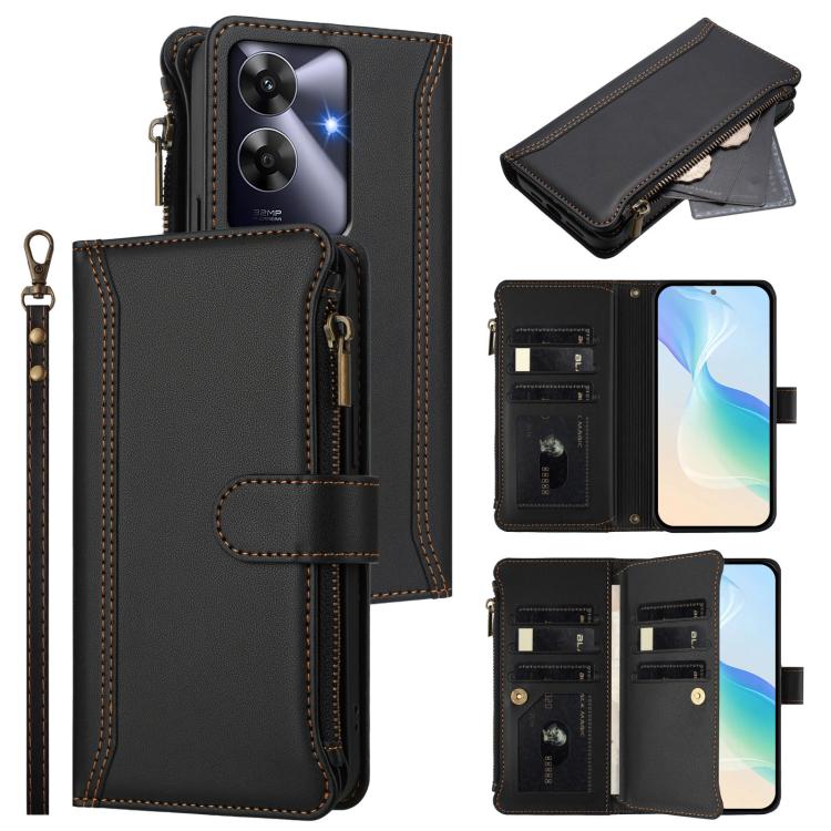 Magnetic Closure 9 Card Slots Zipper Leather Case with Hand Strap, For Realme GT7 Pro 5G / GT7 Pro Racing, For Realme C63 5G Global, For Realme 12 5G Global / 12X 5G Global, For Realme C63 4G Global / Narzo N63 4G                                       ...