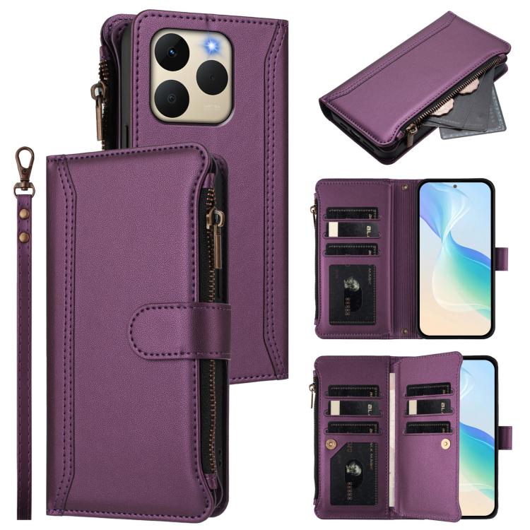 Magnetic Closure 9 Card Slots Zipper Leather Case with Hand Strap, For Realme C71 4G India, For Realme C85 5G / 15x 5G India, For Realme P4 Pro 5G, For Realme P4 5G, For Realme 15T 5G Global, For Realme 15 / 15 Pro 5G Global, For Realme C71 4G Global  ...