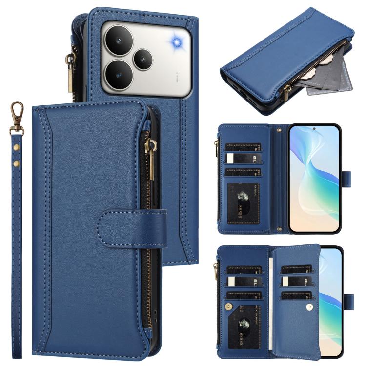 Magnetic Closure 9 Card Slots Zipper Leather Case with Hand Strap, For Realme C71 4G India, For Realme C85 5G / 15x 5G India, For Realme P4 Pro 5G, For Realme P4 5G, For Realme 15T 5G Global, For Realme 15 / 15 Pro 5G Global, For Realme C71 4G Global  ...