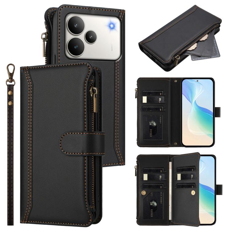 Magnetic Closure 9 Card Slots Zipper Leather Case with Hand Strap, For Realme C71 4G India, For Realme C85 5G / 15x 5G India, For Realme P4 Pro 5G, For Realme P4 5G, For Realme 15T 5G Global, For Realme 15 / 15 Pro 5G Global, For Realme C71 4G Global  ...