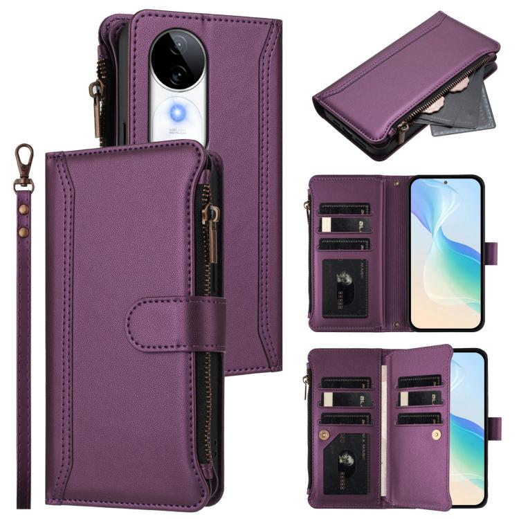 Magnetic Closure 9 Card Slots Zipper Leather Case with Hand Strap, For vivo iQOO Z9s Pro 5G India, For vivo Y03 4G Global / Y18 4G Global, For vivo V40 Lite 5G Global / V30e 5G Global, For vivo S19, For vivo Y28 4G Global                               ...