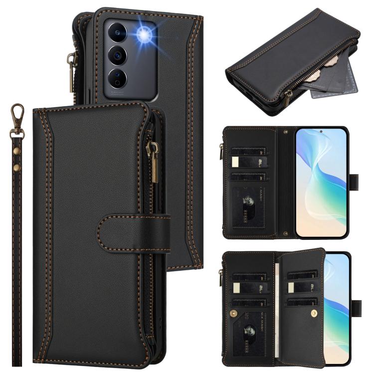 Magnetic Closure 9 Card Slots Zipper Leather Case with Hand Strap, For vivo Y27 4G 2023, For vivo Y02A 4G / Y02 4G / Y11 2023 / Y02T, For vivo V27 5G Global / V27 Pro 5G Global, For vivo V27E 4G Global / T2 4G Global, For vivo Y35 4G Global / Y77E 5G  ...