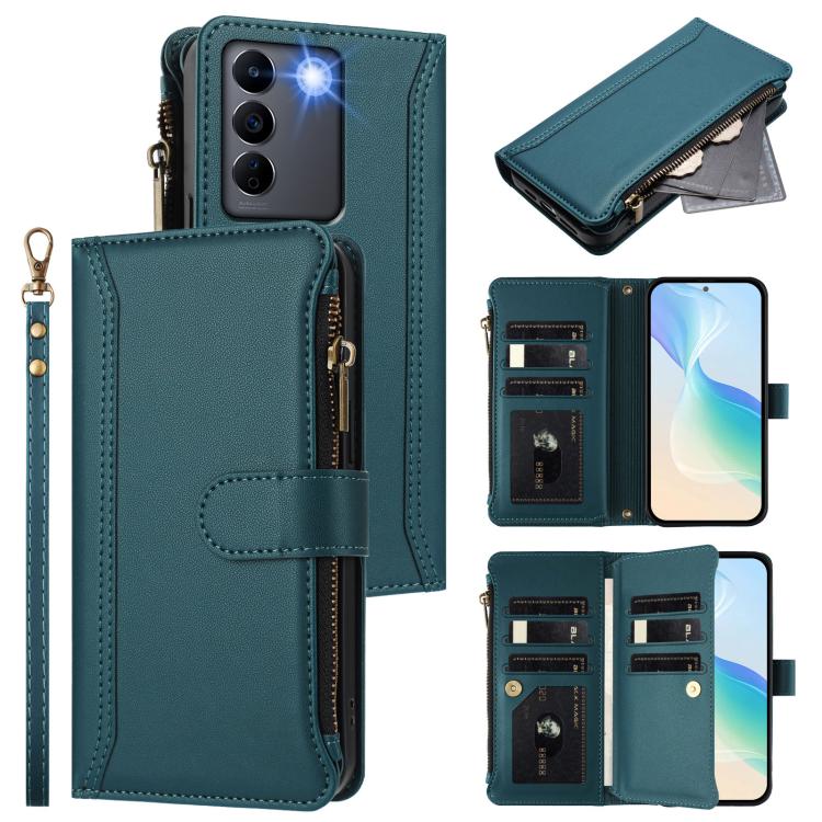 Magnetic Closure 9 Card Slots Zipper Leather Case with Hand Strap, For vivo Y27 4G 2023, For vivo Y02A 4G / Y02 4G / Y11 2023 / Y02T, For vivo V27 5G Global / V27 Pro 5G Global, For vivo V27E 4G Global / T2 4G Global, For vivo Y35 4G Global / Y77E 5G  ...