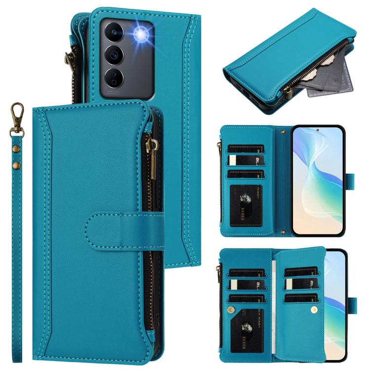 Magnetic Closure 9 Card Slots Zipper Leather Case with Hand Strap, For vivo Y27 4G 2023, For vivo Y02A 4G / Y02 4G / Y11 2023 / Y02T, For vivo V27 5G Global / V27 Pro 5G Global, For vivo V27E 4G Global / T2 4G Global, For vivo Y35 4G Global / Y77E 5G  ...