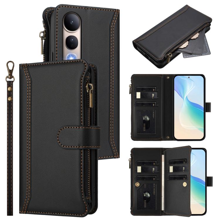 Magnetic Closure 9 Card Slots Zipper Leather Case with Hand Strap, For vivo V60 Lite 5G Global, For vivo Y400 4G, For vivo X200S 5G, For vivo V50 Lite 5G Global / V50 Lite 4G, For vivo Y39 5G Global, For vivo Y29S 5G / Y04 5G Global                    ...