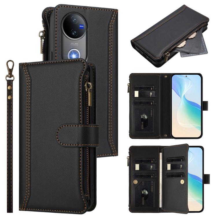Magnetic Closure 9 Card Slots Zipper Leather Case with Hand Strap, For vivo V60 Lite 5G Global, For vivo Y400 4G, For vivo X200S 5G, For vivo V50 Lite 5G Global / V50 Lite 4G, For vivo Y39 5G Global, For vivo Y29S 5G / Y04 5G Global                    ...
